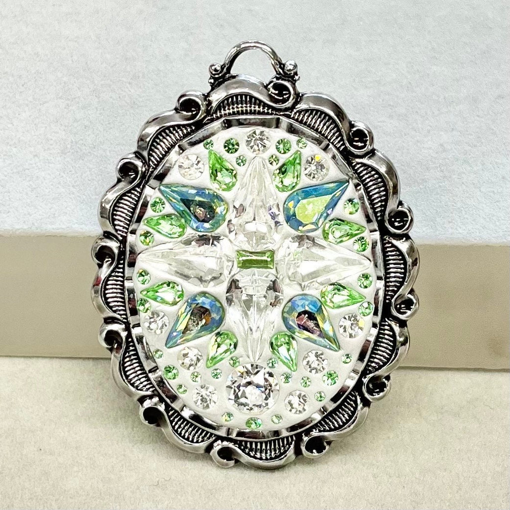 Clear Sparkling& Green Uranium Crystal Pendant with Vintage Uranium Swarovski Crystal Elements in a Silver Tone Setting UV Reactive Glow TheGreenGlassGemShop