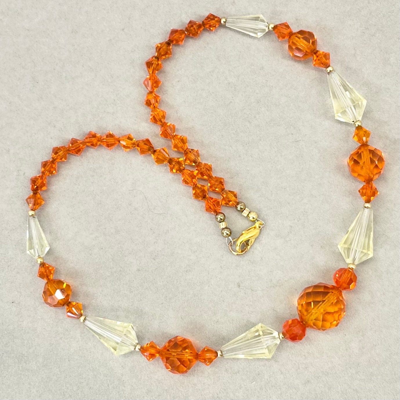 Vintage Orange & Yellow Glass Bicone Bead Necklace Cadmium and Manganese UV Reactive Glow Jewellery 17” TheGreenGlassGemShop