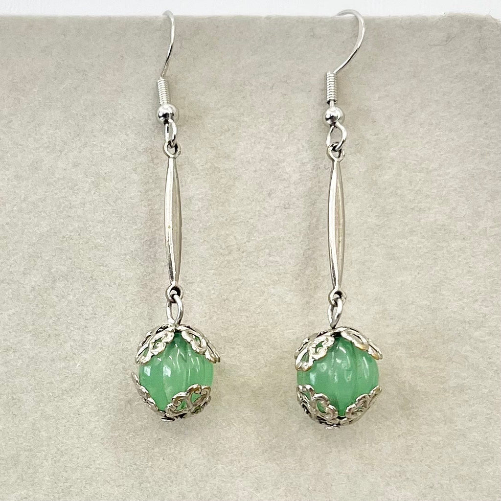 Vintage Art Deco Green Uranium Melon Glass Bead Earrings Silver Plate Links UV Reactive Glow Jewellery TheGreenGlassGemShop