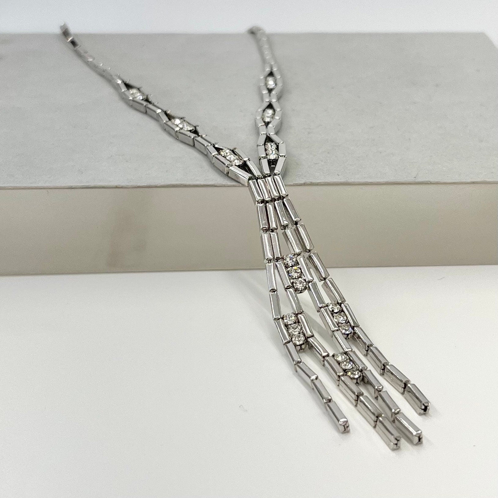 Vintage Silver Plate Crystal Tassle Drop Chain Necklace 1970’s - 1980’s TheGreenGlassGemShop