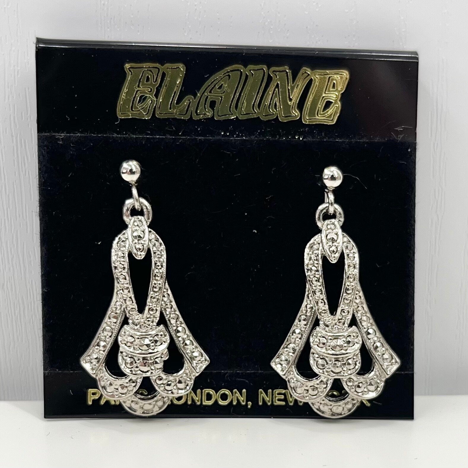 Vintage Faux Marcasite Drop Earrings Silver Tone Victorian Style 1980’s - 1990’s New Vintage Dead Stock Elaine TheGreenGlassGemShop