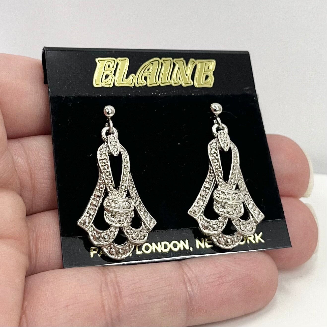 Vintage Faux Marcasite Drop Earrings Silver Tone Victorian Style 1980’s - 1990’s New Vintage Dead Stock Elaine TheGreenGlassGemShop