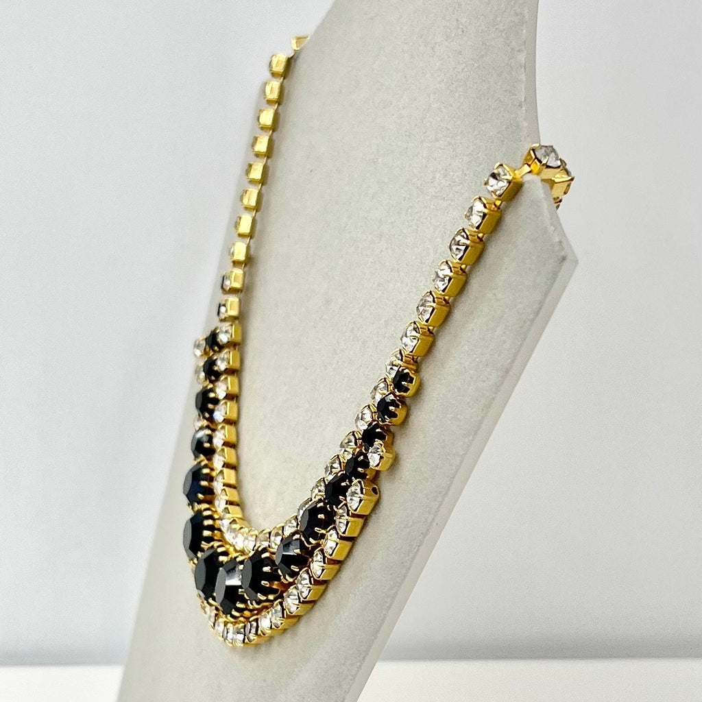Vintage Gold Plated Black & Clear Graduated Crystal Collar Necklace 1980’s New Vintage Dead Stock TheGreenGlassGemShop