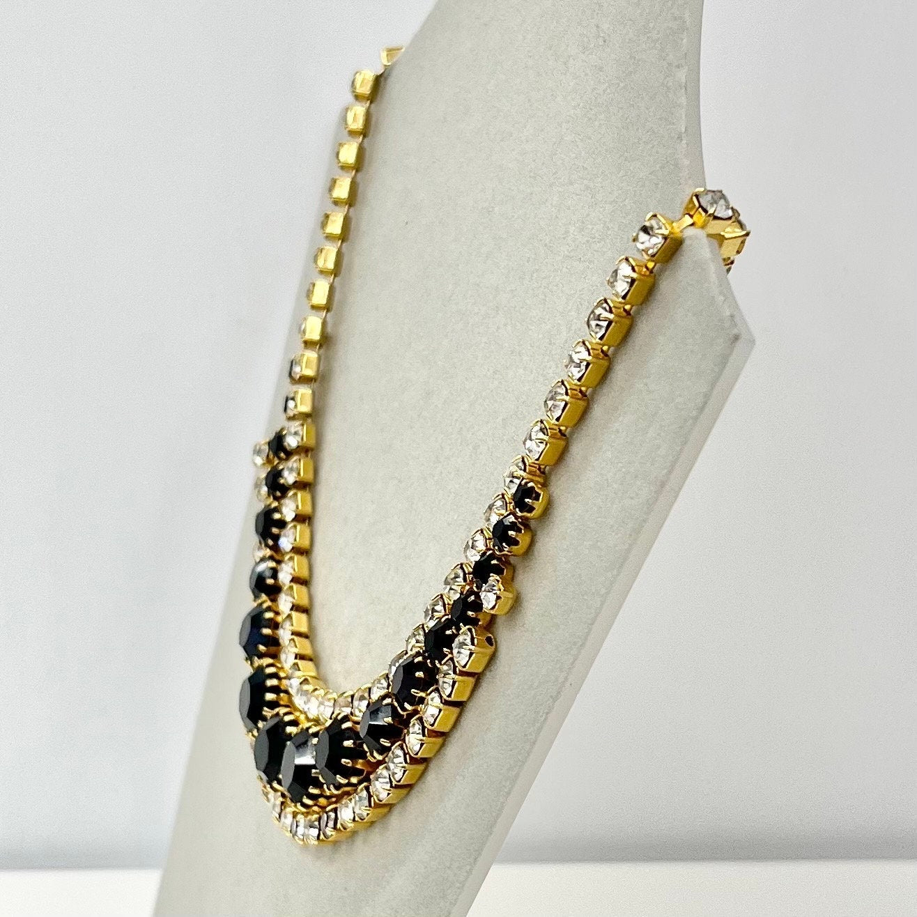 Vintage Gold Plated Black & Clear Graduated Crystal Collar Necklace 1980’s New Vintage Dead Stock TheGreenGlassGemShop