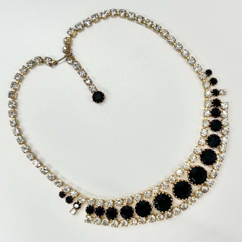 Vintage Gold Plated Black & Clear Graduated Crystal Collar Necklace 1980’s New Vintage Dead Stock TheGreenGlassGemShop
