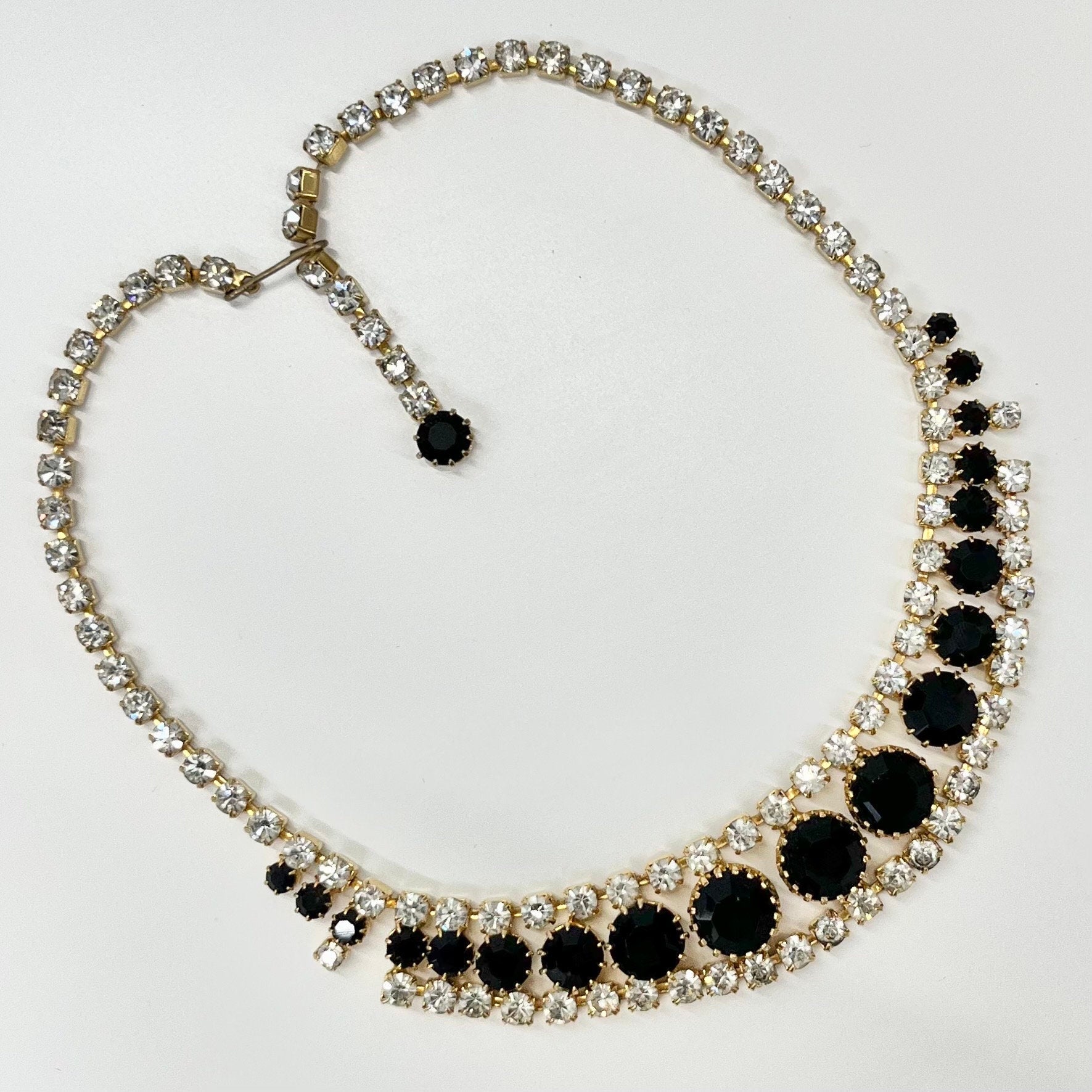 Vintage Gold Plated Black & Clear Graduated Crystal Collar Necklace 1980’s New Vintage Dead Stock TheGreenGlassGemShop
