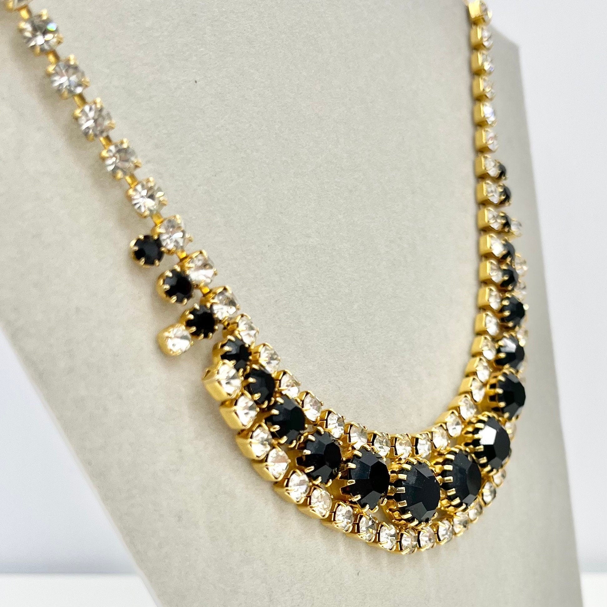 Vintage Gold Plated Black & Clear Graduated Crystal Collar Necklace 1980’s New Vintage Dead Stock TheGreenGlassGemShop