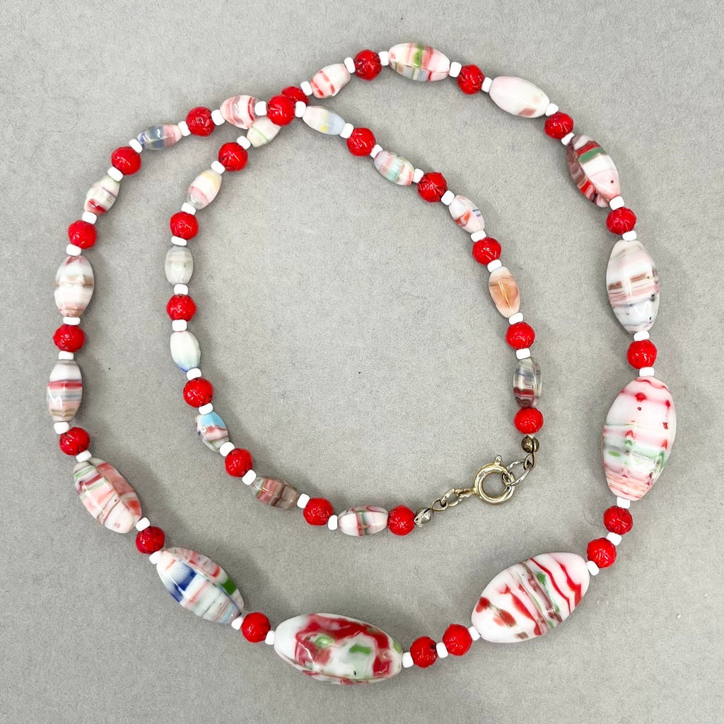 Vintage Uranium White & Red Striated Glass Graduated Bead Necklace UV Reactive Glow Jewellery 24” Unusual Quality Beads TheGreenGlassGemShop