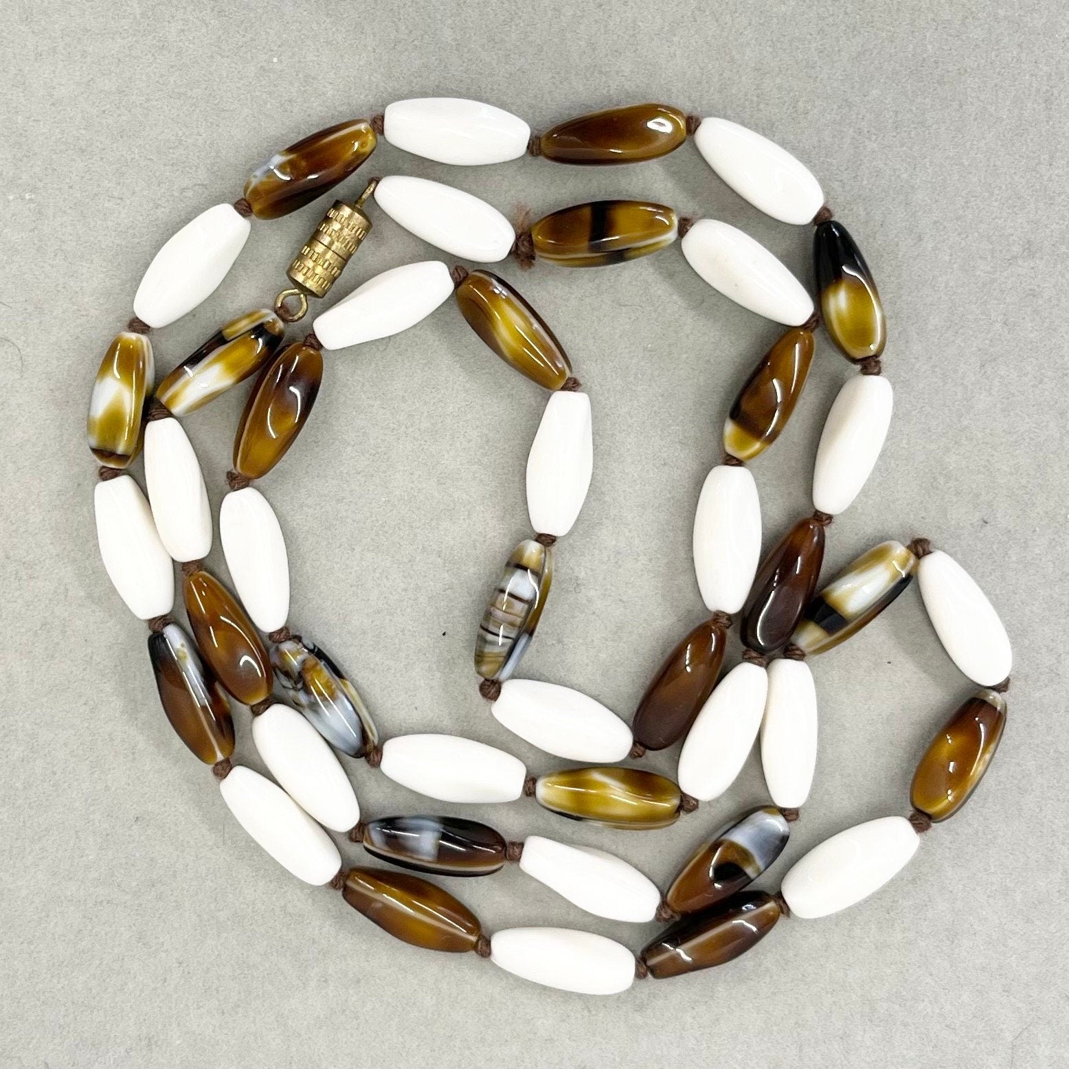 Vintage White Uranium & Brown Glass Bead Hand Knotted Necklace UV Reactive Glow Jewellery 30” Unusual Quality Beads TheGreenGlassGemShop