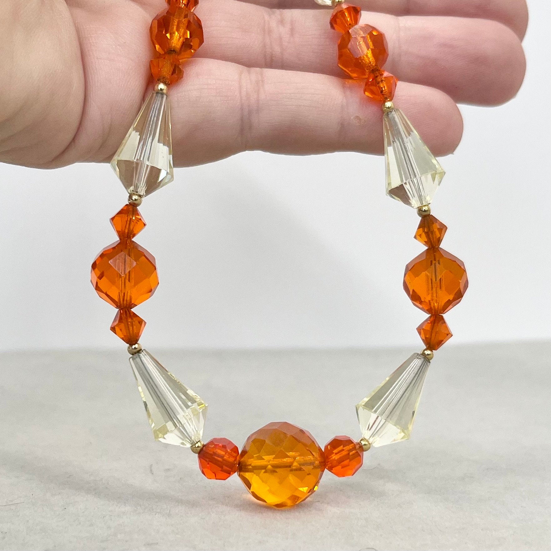Vintage Orange & Yellow Glass Bicone Bead Necklace Cadmium and Manganese UV Reactive Glow Jewellery 17” TheGreenGlassGemShop