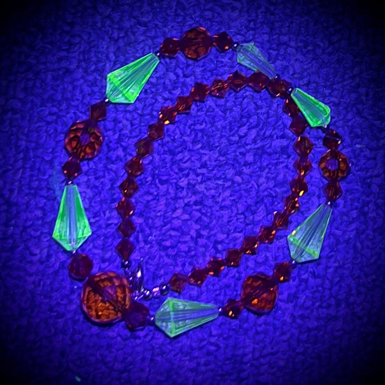 Vintage Orange & Yellow Glass Bicone Bead Necklace Cadmium and Manganese UV Reactive Glow Jewellery 17” TheGreenGlassGemShop