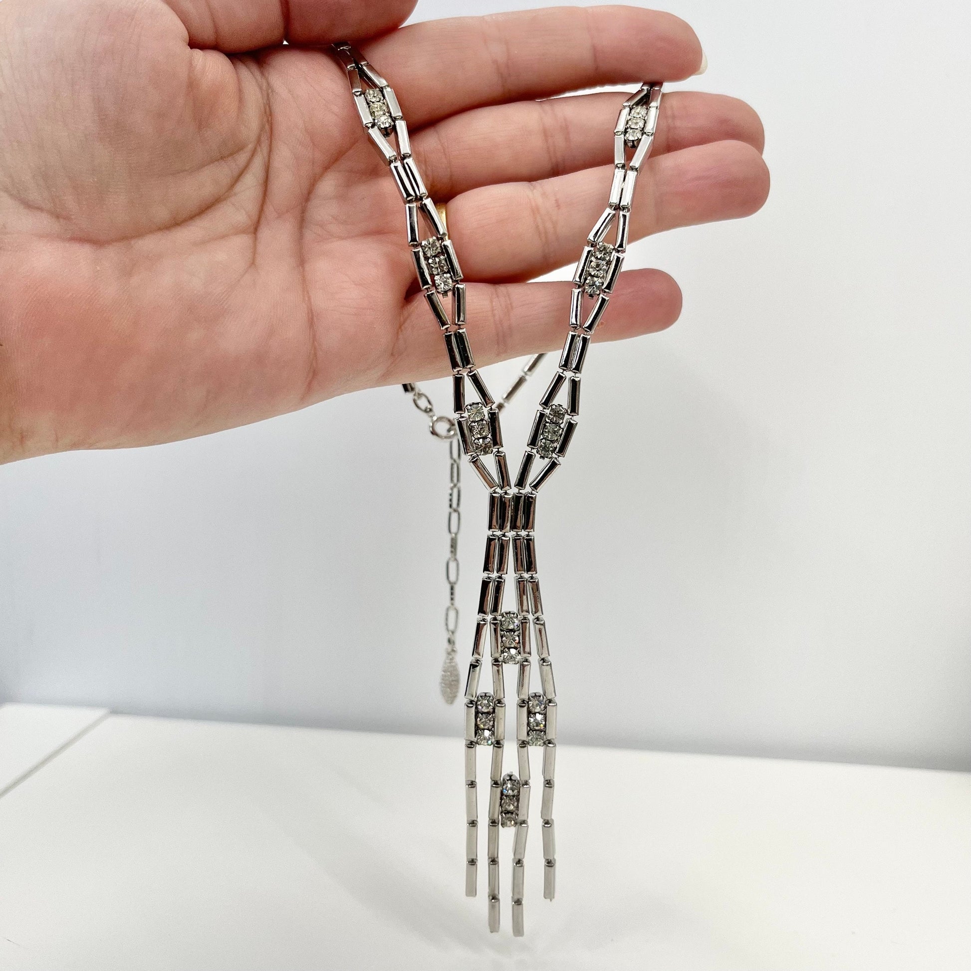 Vintage Silver Plate Crystal Tassle Drop Chain Necklace 1970’s - 1980’s TheGreenGlassGemShop