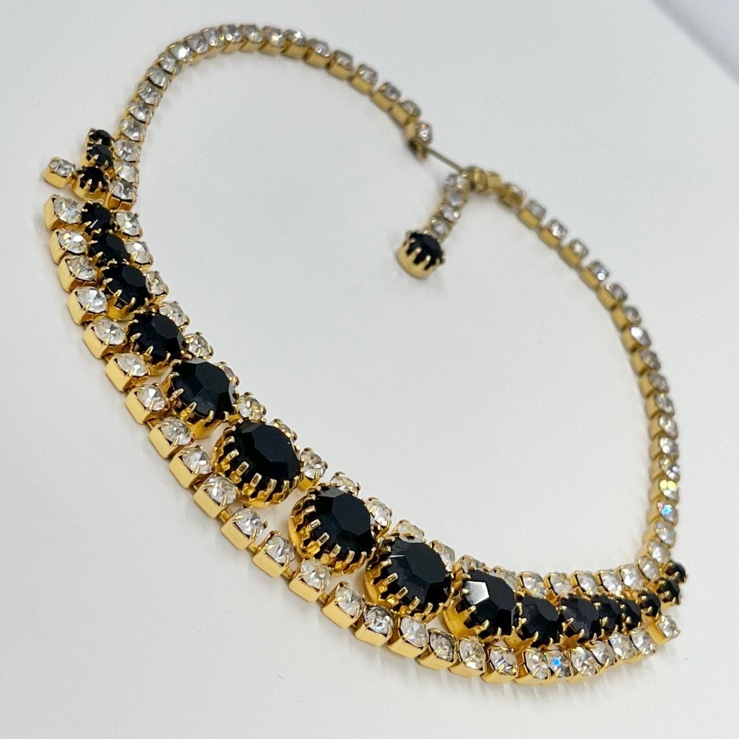 Vintage Gold Plated Black & Clear Graduated Crystal Collar Necklace 1980’s New Vintage Dead Stock TheGreenGlassGemShop