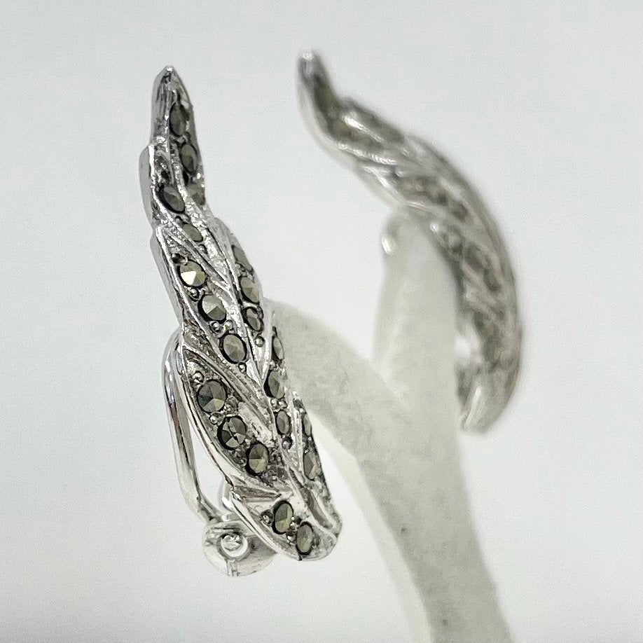 Vintage Hand Set Nymph Real Marcasite Leaf Clip On Earrings Silver Tone Victorian Style 1960’s - 1970’s TheGreenGlassGemShop