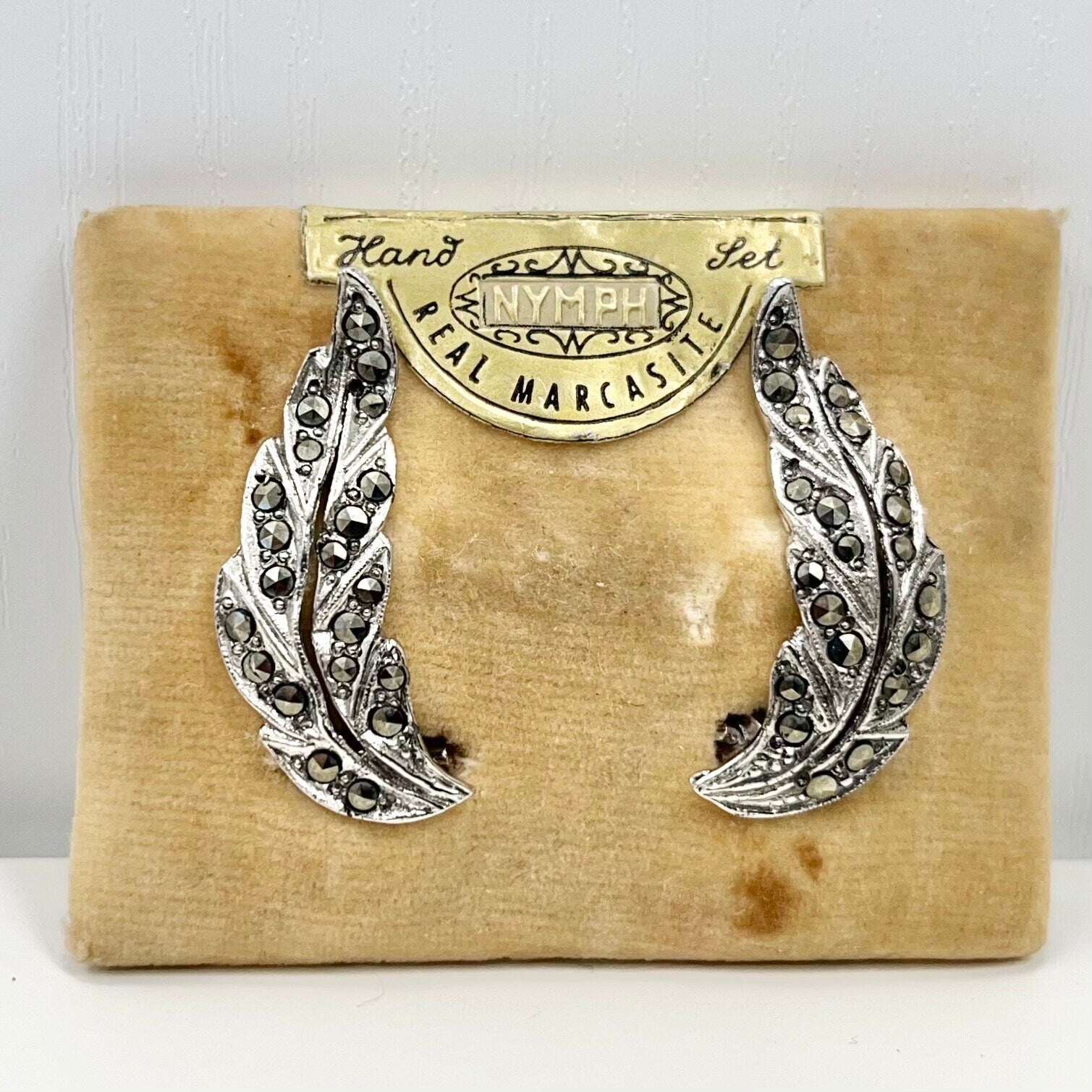 Vintage Hand Set Nymph Real Marcasite Leaf Clip On Earrings Silver Tone Victorian Style 1960’s - 1970’s TheGreenGlassGemShop
