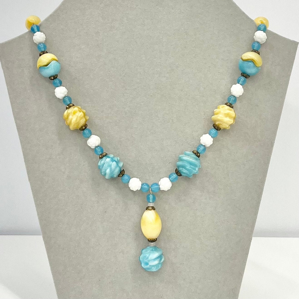 Vintage Art Deco Czech Yellow Uranium White & Blue Glass Bead Necklace Bright Green UV Reactive Glow Jewellery 1930’s TheGreenGlassGemShop