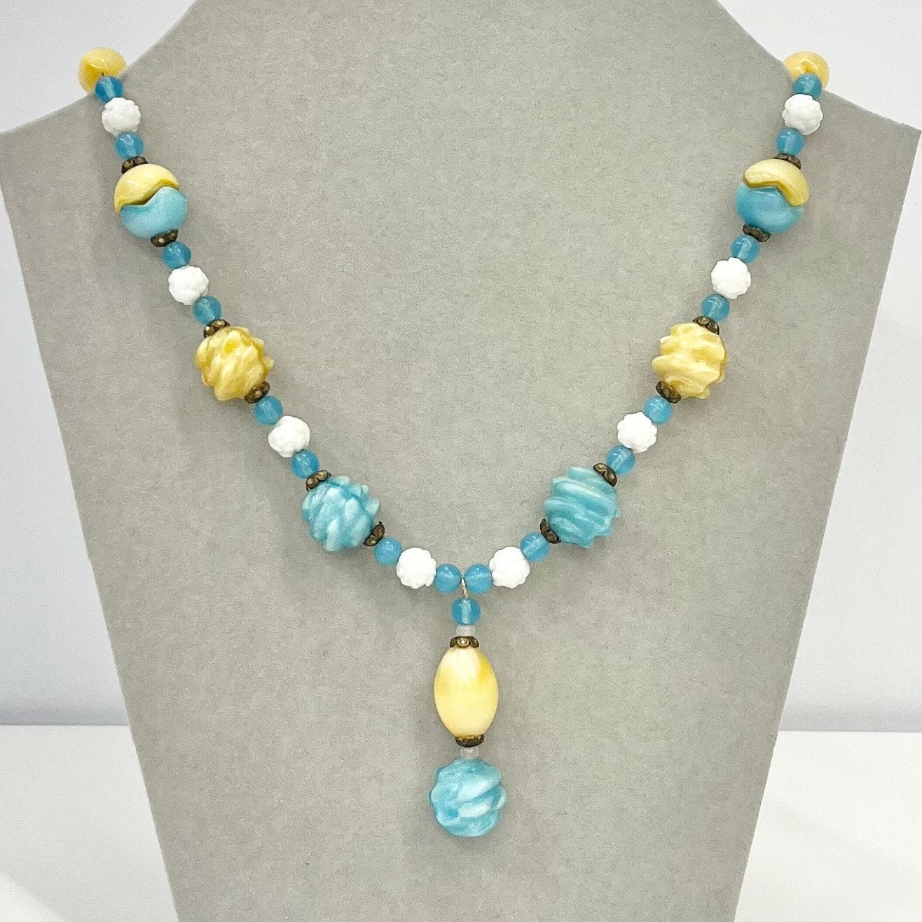 Vintage Art Deco Czech Yellow Uranium White & Blue Glass Bead Necklace Bright Green UV Reactive Glow Jewellery 1930’s TheGreenGlassGemShop