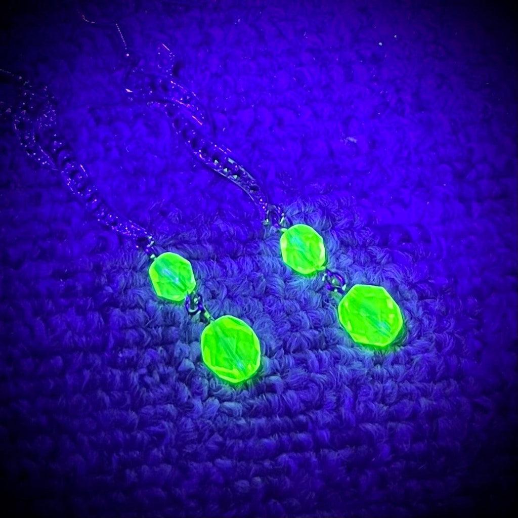 Handmade Unusual Yellow Uranium Glass Bead Drop Marcasite Earrings Silver Plate with UV Reactive Green Glow TheGreenGlassGemShop