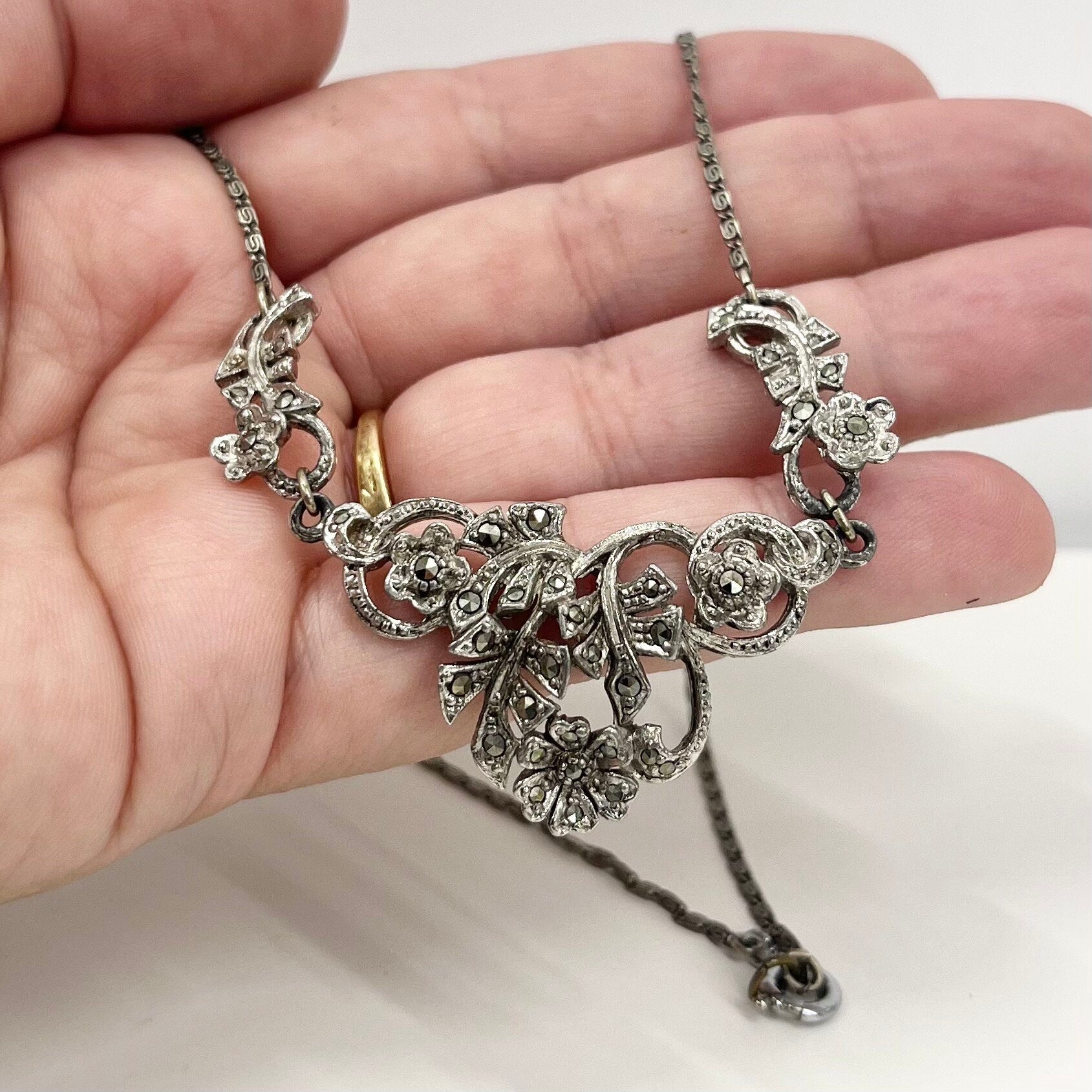 Vintage Floral Marcasite Necklace Beautifully Detailed Vintage Prom or Bridesmaid Necklace TheGreenGlassGemShop