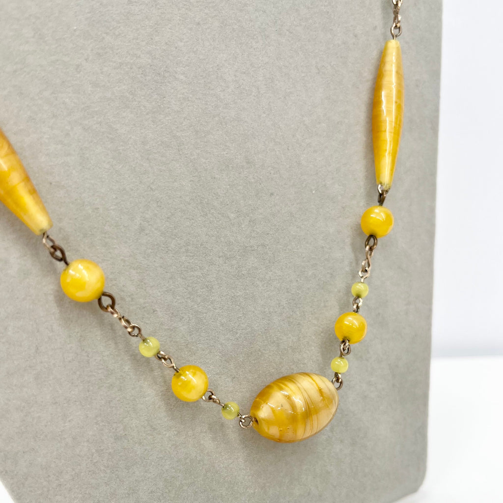 Vintage Art Deco Gold Filled Yellow Uranium Glass Satin Bead Necklace Bright Green UV Reactive Glow Jewellery 17.5” TheGreenGlassGemShop