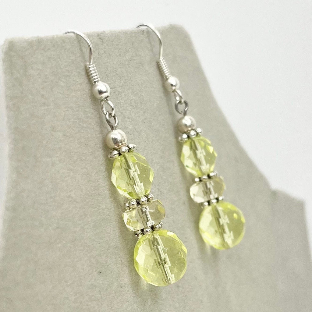 Vintage Yellow Jonquil Uranium Glass Bead Drop Earrings Silver Plate UV Reactive Glow with Czech Firepolished Crystal Beads TheGreenGlassGemShop