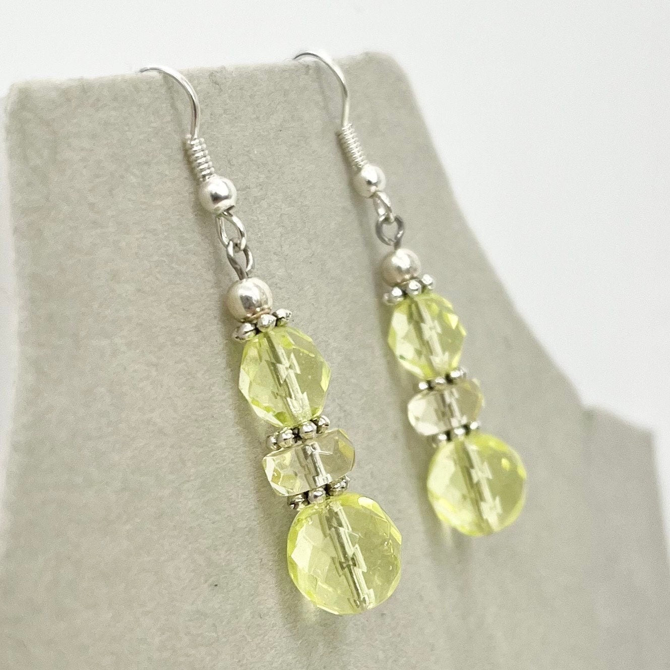 Vintage Yellow Jonquil Uranium Glass Bead Drop Earrings Silver Plate UV Reactive Glow with Czech Firepolished Crystal Beads TheGreenGlassGemShop
