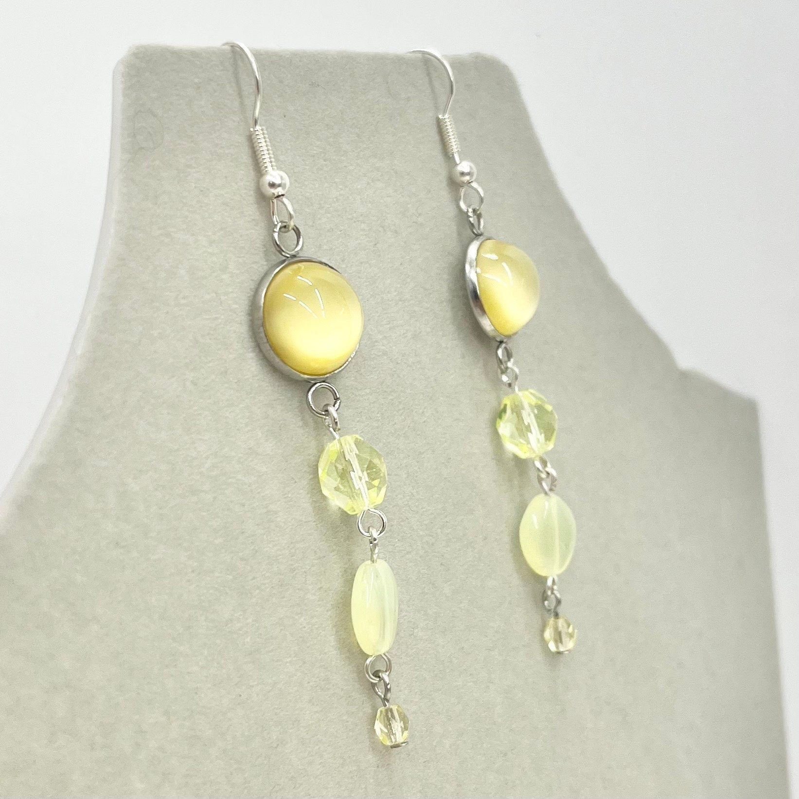 Handmade Long Yellow Uranium Glass Bead Drop Earrings UV Reactive Glow Vintage Czech Firepolished Crystal Beads TheGreenGlassGemShop