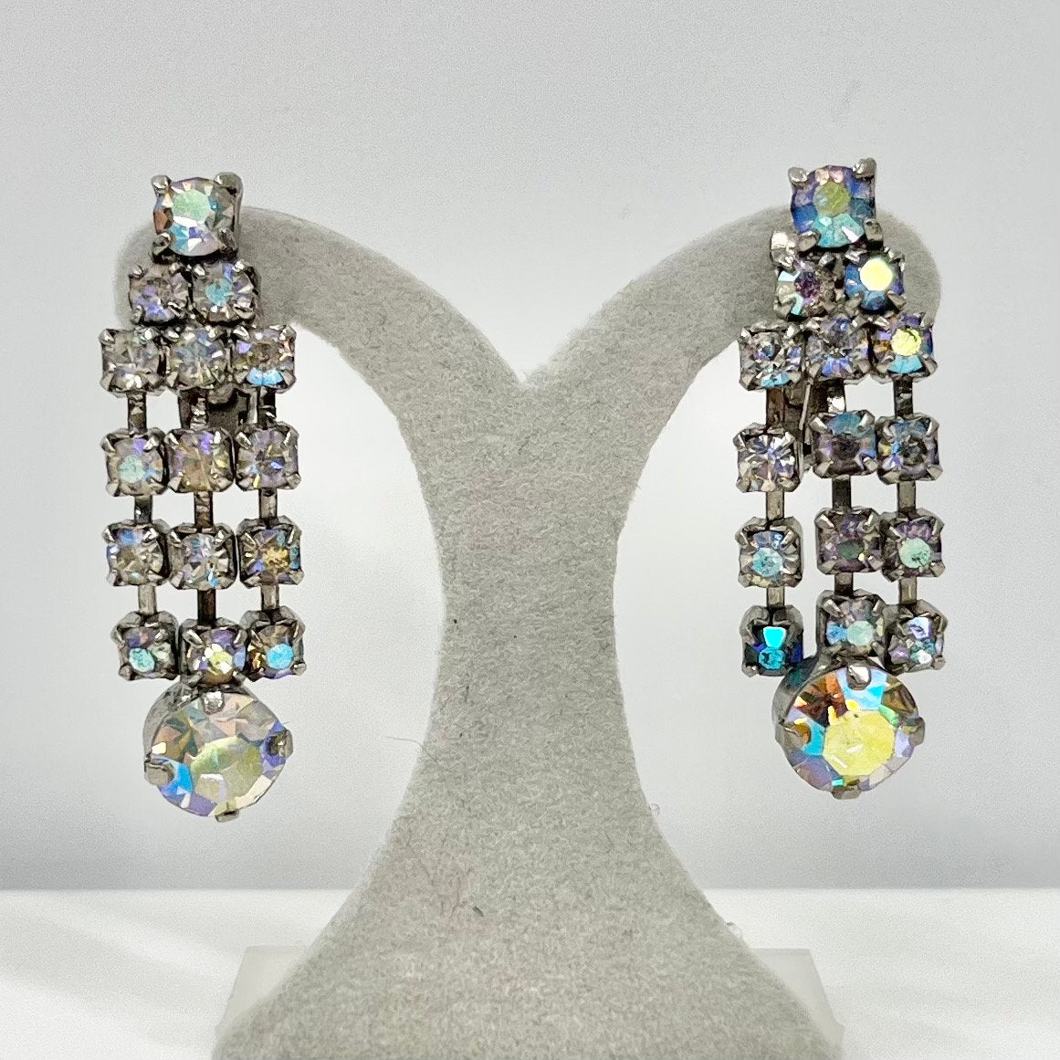 Vintage Aurora Borealis Crystal Drop Clip On Earrings Silver Tone Statement Style 1960’s - 1970’s Bridal Earrings TheGreenGlassGemShop