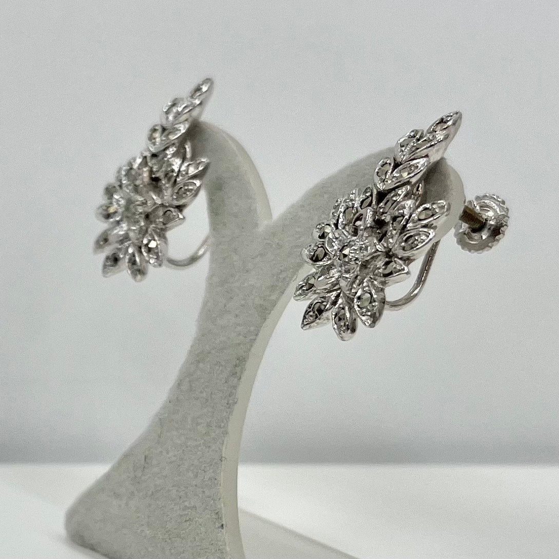 Vintage Marcasite Floral Screw Back / Clip On Earrings Silver Tone Victorian Style 1960’s - 1970’s TheGreenGlassGemShop