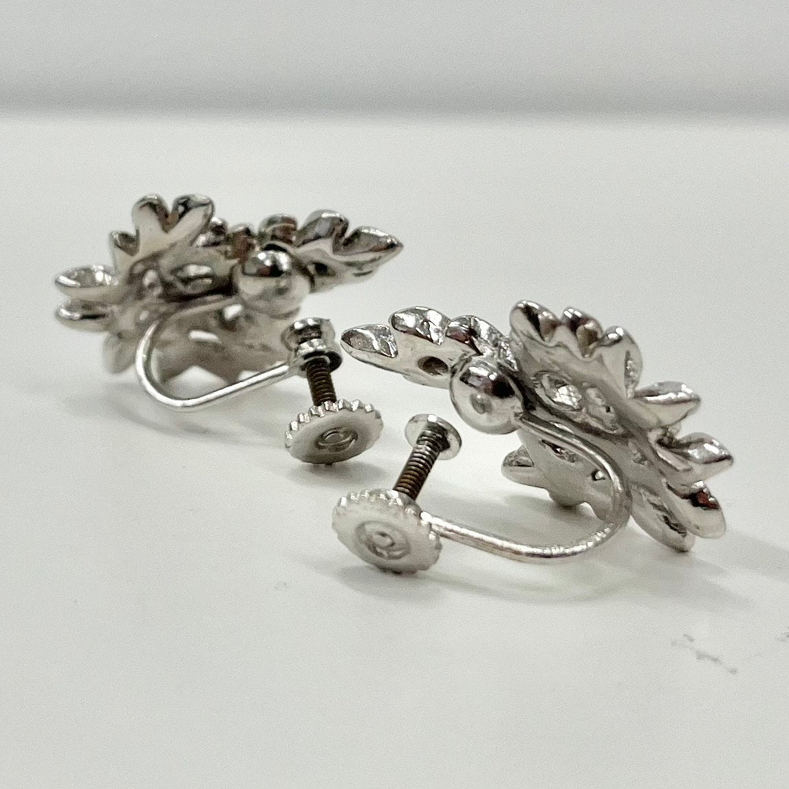 Vintage Marcasite Floral Screw Back / Clip On Earrings Silver Tone Victorian Style 1960’s - 1970’s TheGreenGlassGemShop