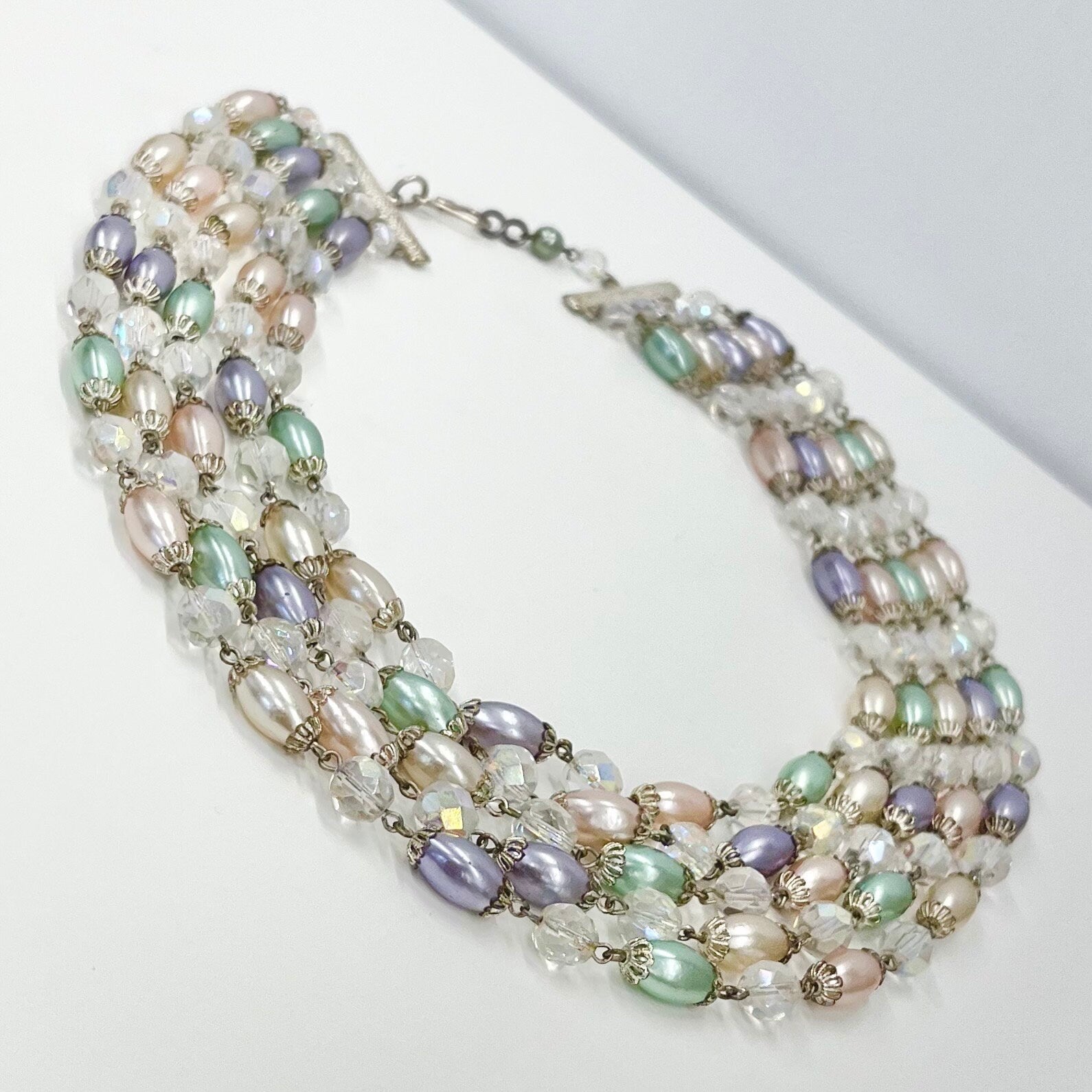 Vintage 5 Strand Pastel Coloured Czech AB Glass Bead & Glass Pearl Necklace Geaduated Multi Strand Necklace in Peach Green and Lilac TheGreenGlassGemShop
