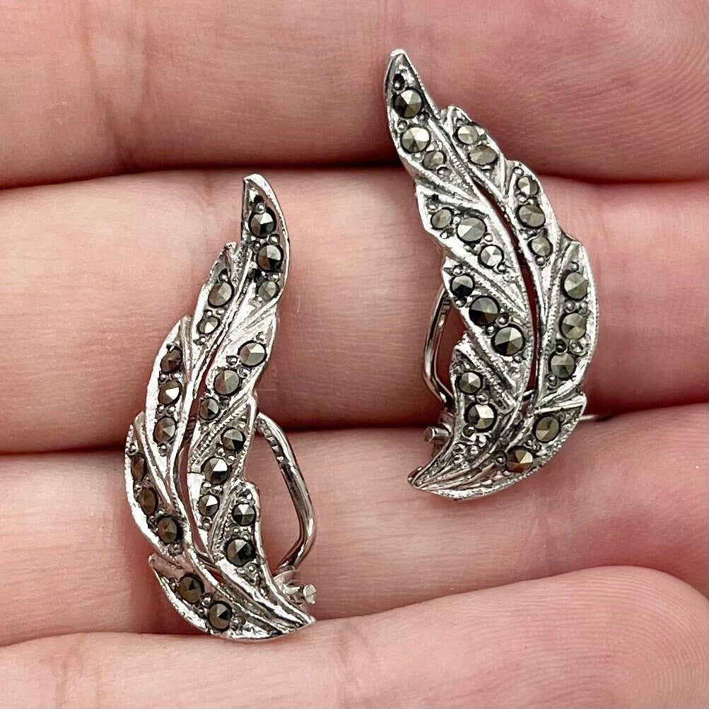 Vintage Hand Set Nymph Real Marcasite Leaf Clip On Earrings Silver Tone Victorian Style 1960’s - 1970’s TheGreenGlassGemShop