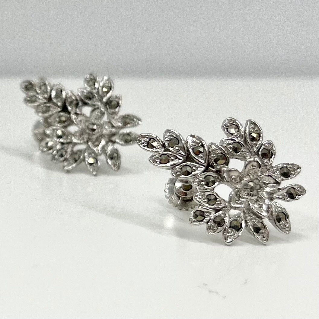 Vintage Marcasite Floral Screw Back / Clip On Earrings Silver Tone Victorian Style 1960’s - 1970’s TheGreenGlassGemShop