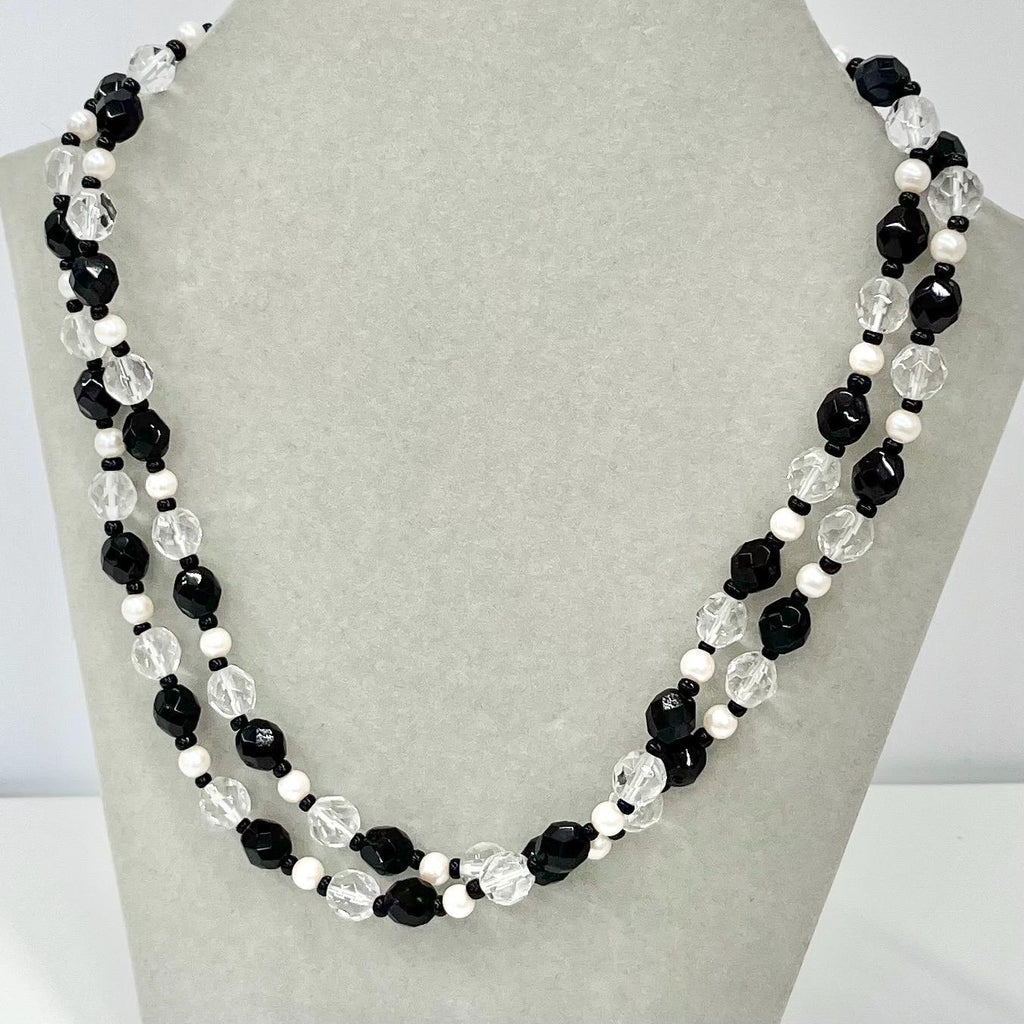 Vintage 36” Long Clear Czech Glass Bead Necklace with Alternating Black Beads & White Glass Pearls Long Flapper Style TheGreenGlassGemShop