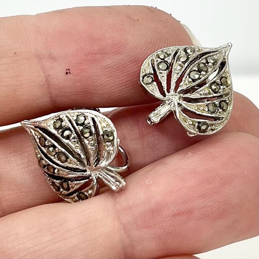 Vintage Silver Tone Marcasite Heart Leaf Filigree Earrings Clip On Screwback for Non Pierced Ears TheGreenGlassGemShop