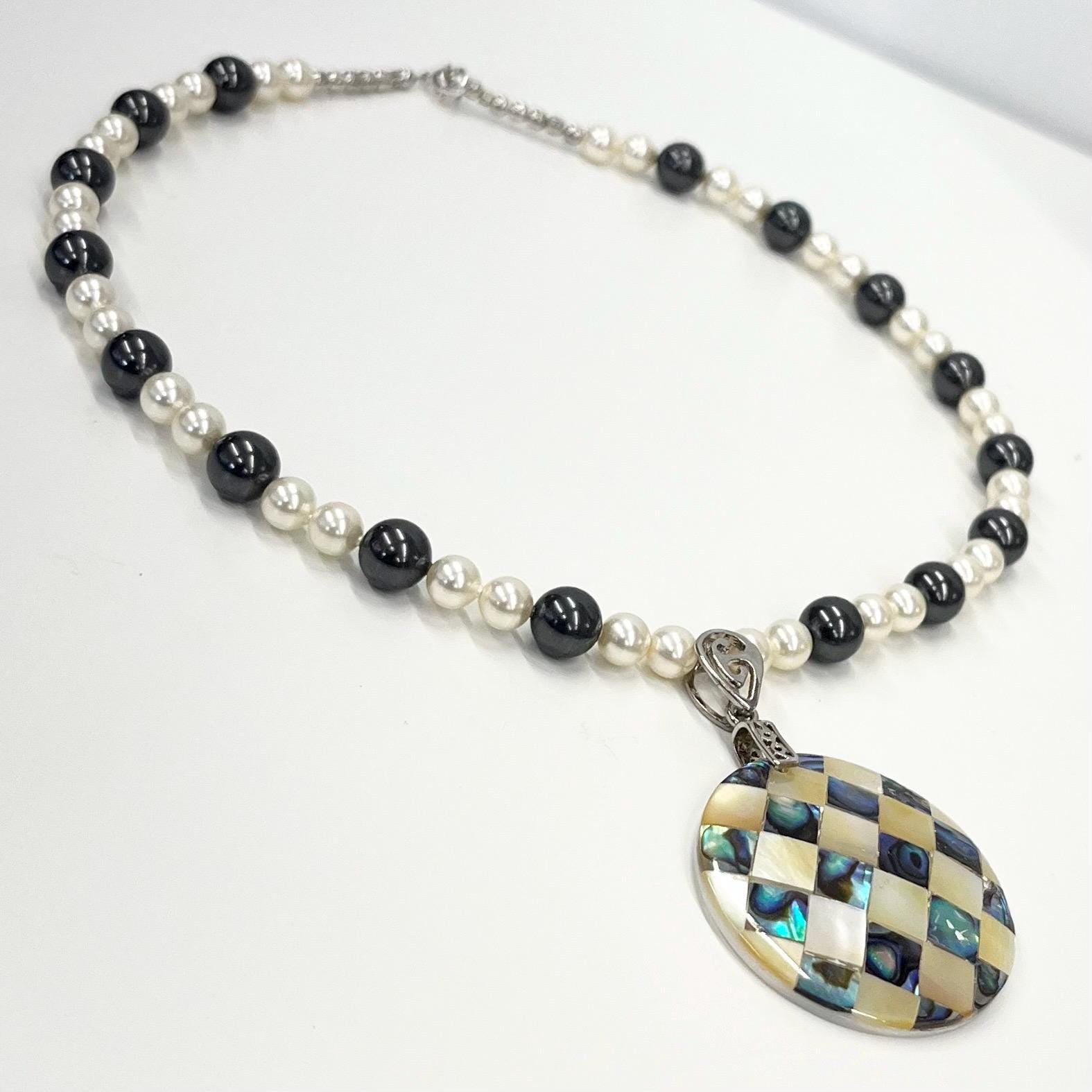 Handmade 16” Swarovski Pearl Elements Mother of Pearl & Abalone Shell Mosaic Pendant Necklace TheGreenGlassGemShop