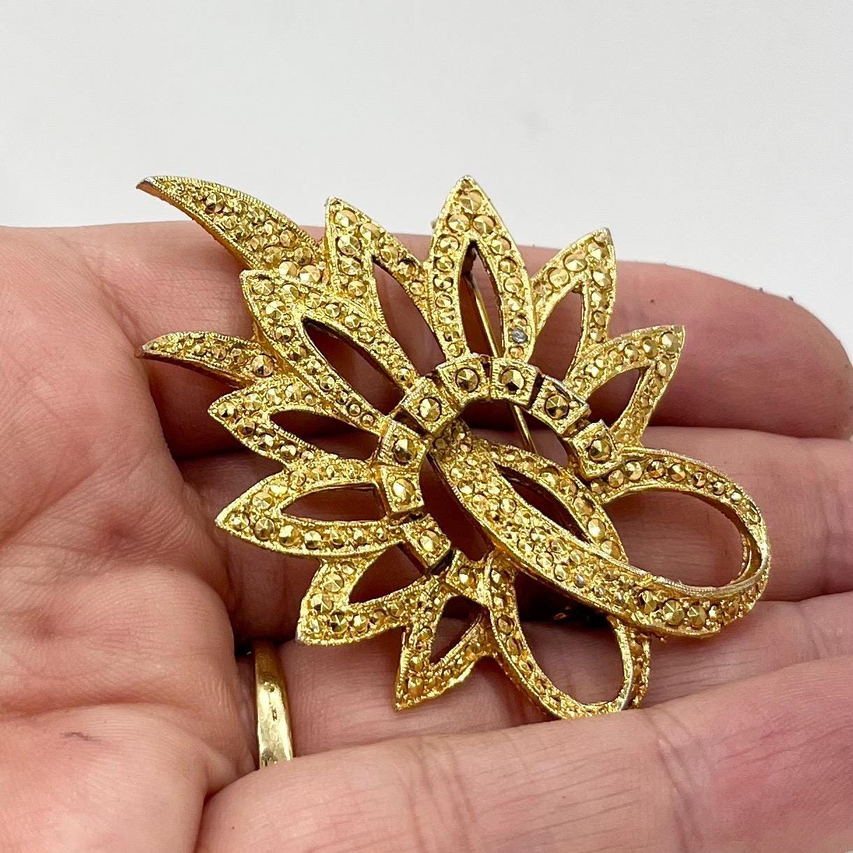 Vintage Kigu Gold Tone Marcasite Brooch Large Contempory Costume Jewellery Statement Piece TheGreenGlassGemShop
