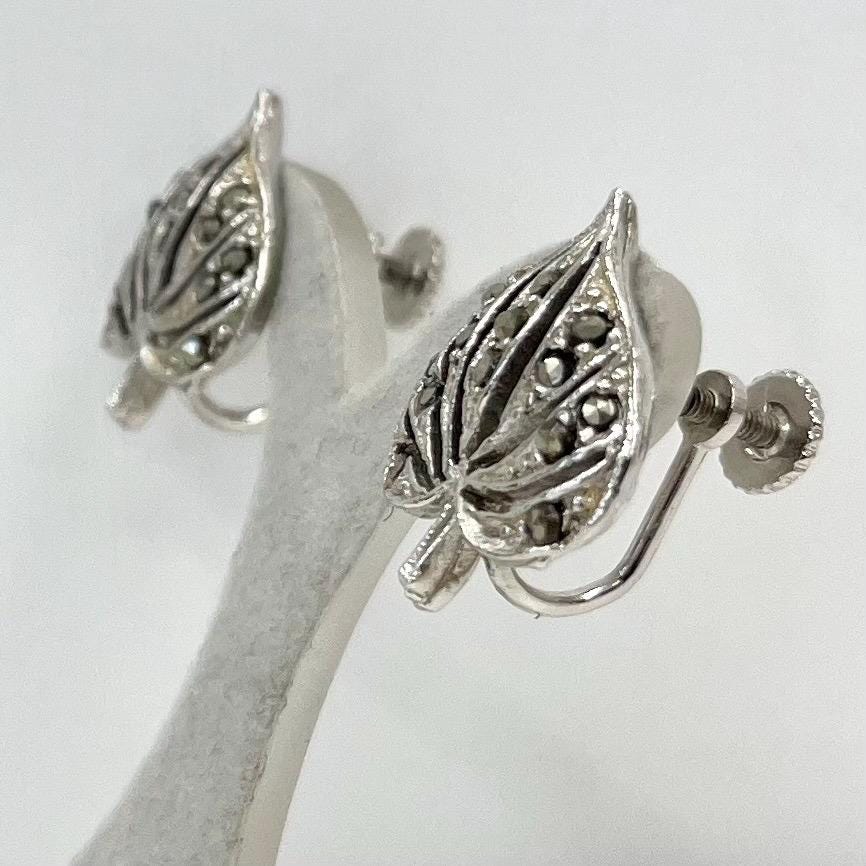 Vintage Silver Tone Marcasite Heart Leaf Filigree Earrings Clip On Screwback for Non Pierced Ears TheGreenGlassGemShop