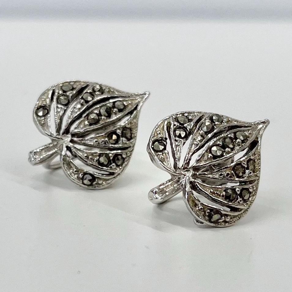 Vintage Silver Tone Marcasite Heart Leaf Filigree Earrings Clip On Screwback for Non Pierced Ears TheGreenGlassGemShop