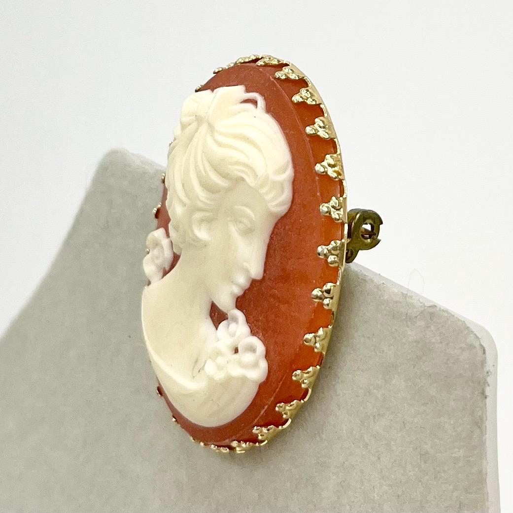 Vintage Orange Coral Coloured & Cream Faux Cameo Brooch in a Gold Tone Setting Victorian Style TheGreenGlassGemShop