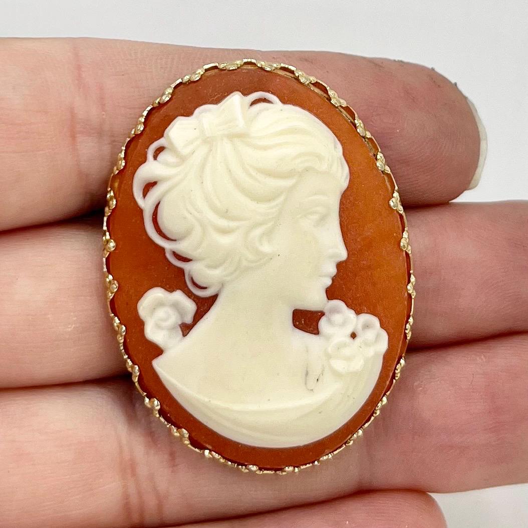 Vintage Orange Coral Coloured & Cream Faux Cameo Brooch in a Gold Tone Setting Victorian Style TheGreenGlassGemShop
