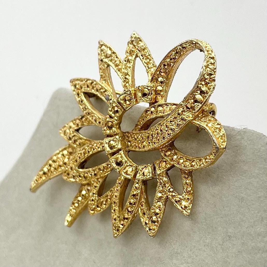 Vintage Kigu Gold Tone Marcasite Brooch Large Contempory Costume Jewellery Statement Piece TheGreenGlassGemShop