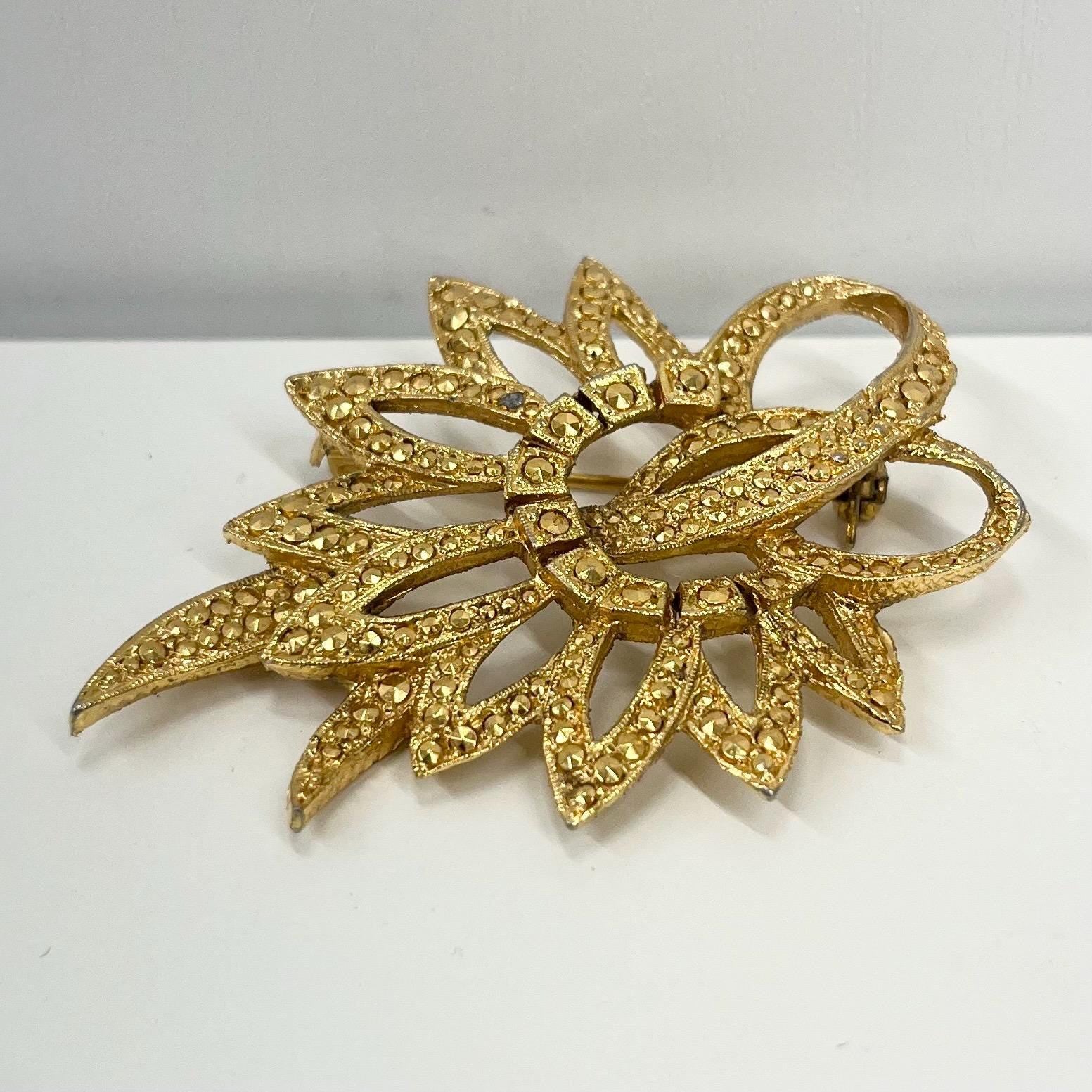 Vintage Kigu Gold Tone Marcasite Brooch Large Contempory Costume Jewellery Statement Piece TheGreenGlassGemShop