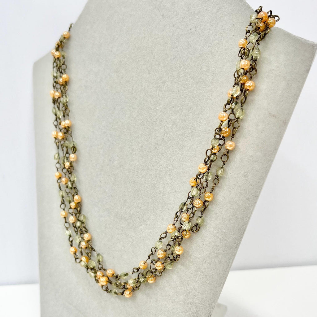 Vintage 70” Long Uranium Glass Bead & Peach Glass Necklace Dainty 20’s 30’s Flapper Beaded Chain Link UV Reactive Glow Jewellery Art Deco TheGreenGlassGemShop