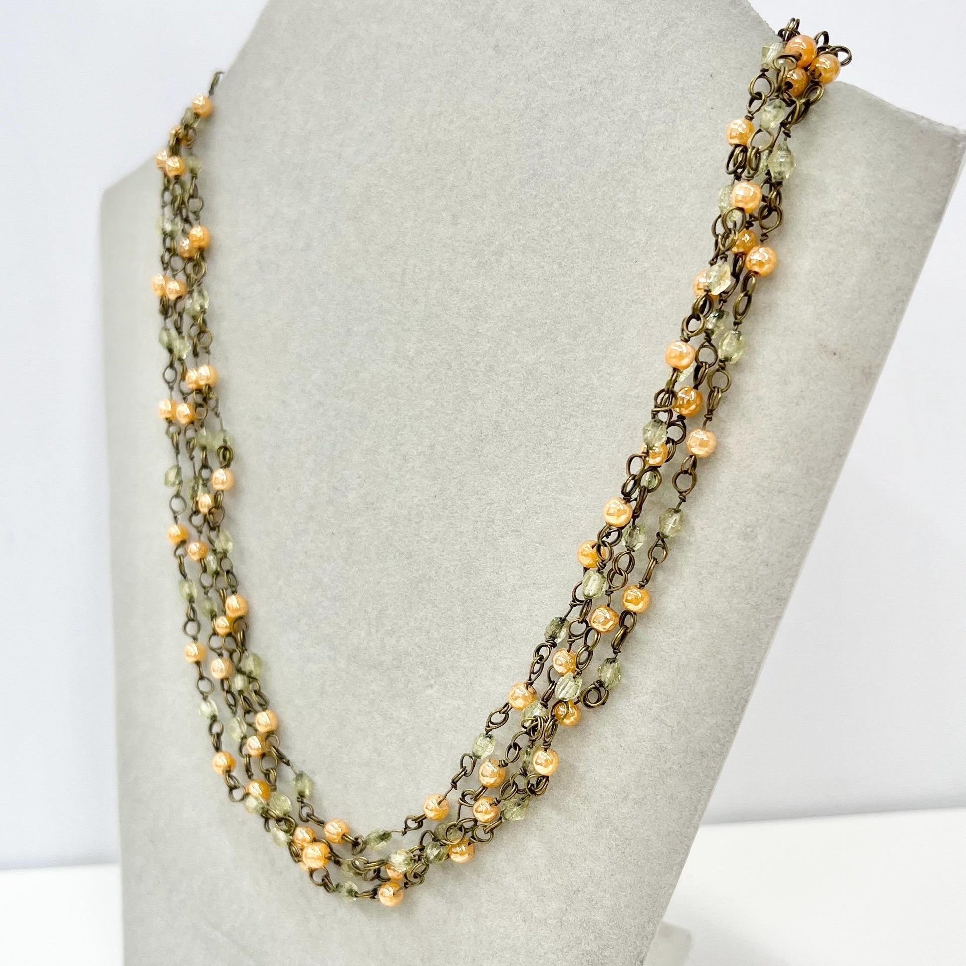 Vintage 70” Long Uranium Glass Bead & Peach Glass Necklace Dainty 20’s 30’s Flapper Beaded Chain Link UV Reactive Glow Jewellery Art Deco TheGreenGlassGemShop