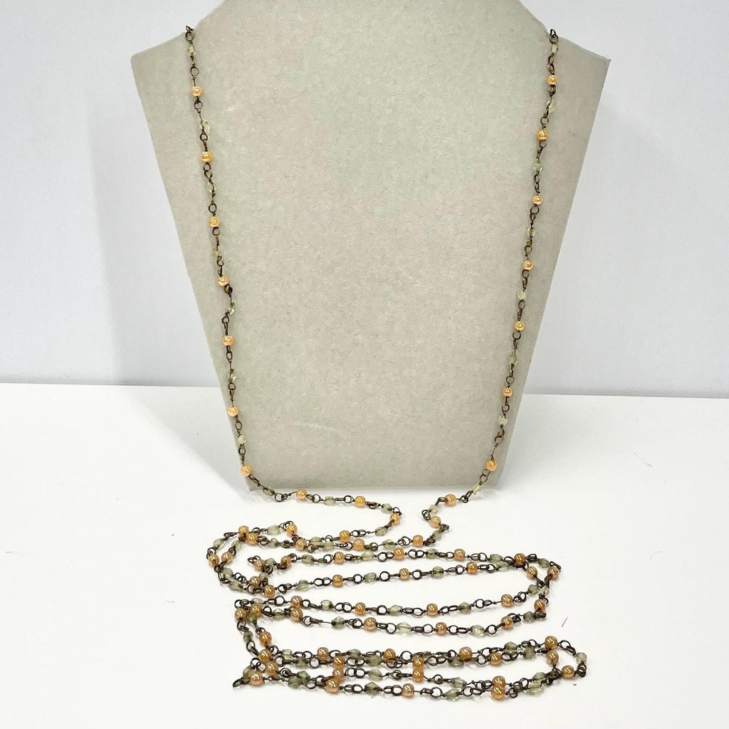 Vintage 70” Long Uranium Glass Bead & Peach Glass Necklace Dainty 20’s 30’s Flapper Beaded Chain Link UV Reactive Glow Jewellery Art Deco TheGreenGlassGemShop