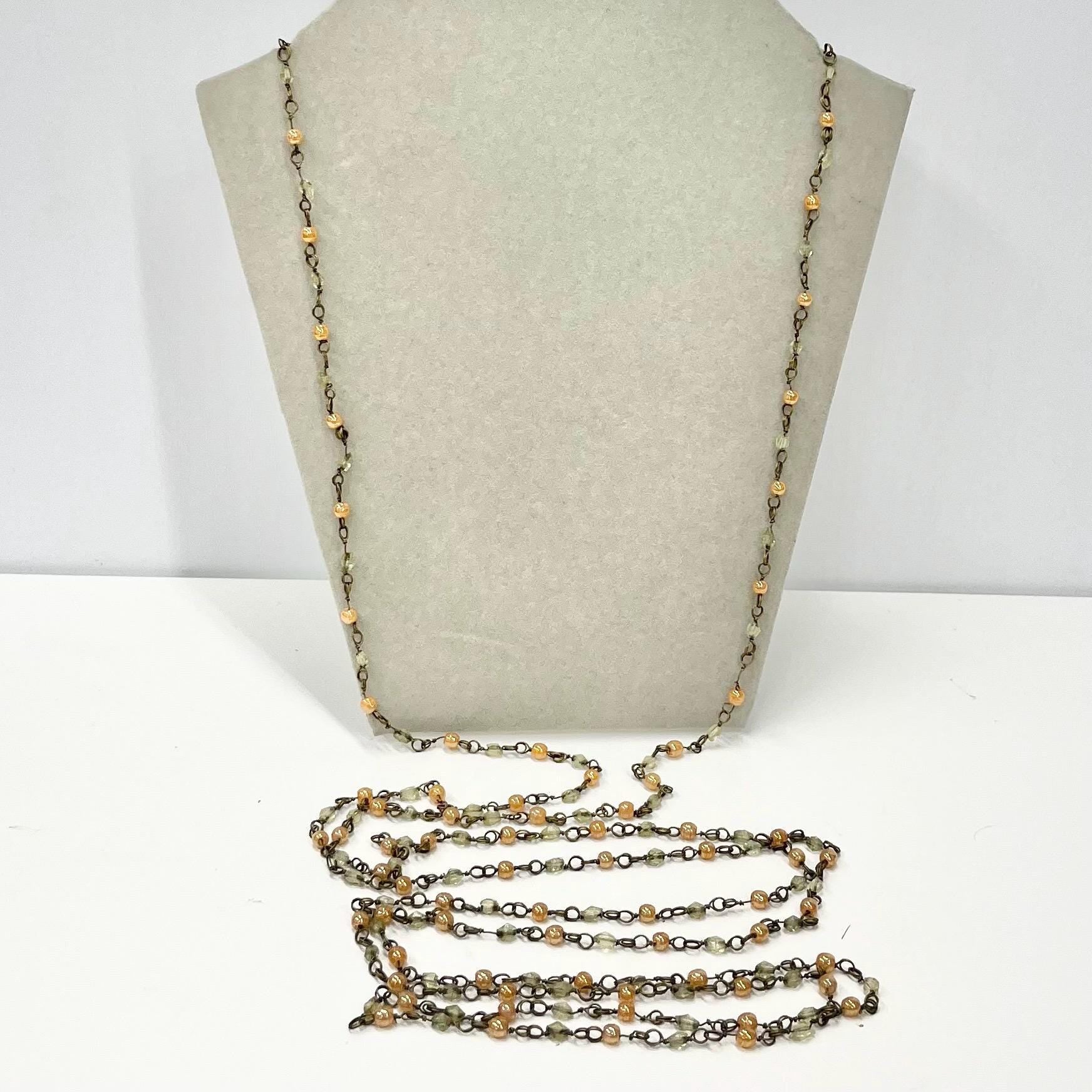 Vintage 70” Long Uranium Glass Bead & Peach Glass Necklace Dainty 20’s 30’s Flapper Beaded Chain Link UV Reactive Glow Jewellery Art Deco TheGreenGlassGemShop