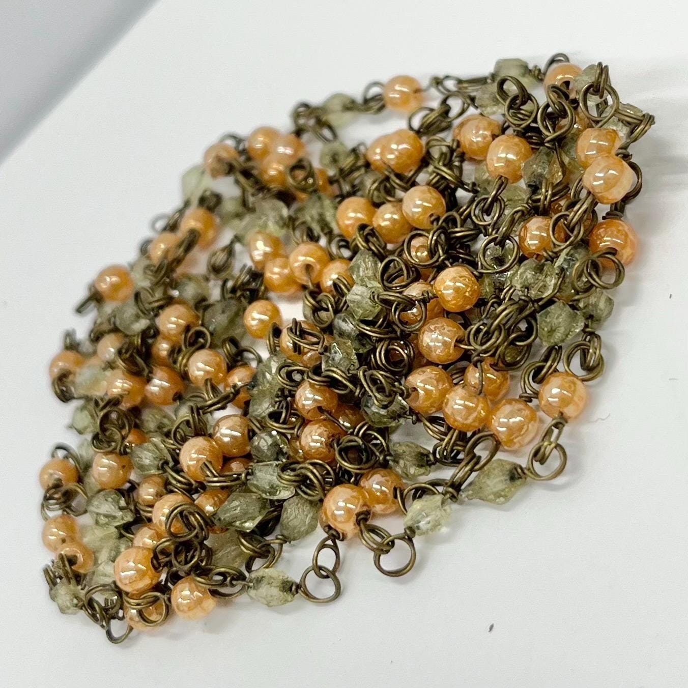 Vintage 70” Long Uranium Glass Bead & Peach Glass Necklace Dainty 20’s 30’s Flapper Beaded Chain Link UV Reactive Glow Jewellery Art Deco TheGreenGlassGemShop