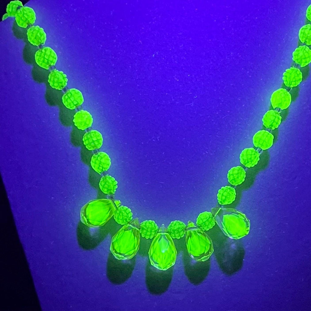 Art Deco Bi Colour Peach Green Uranium Glass Crystal Bead Drop Necklace Bright Green UV Reactive Glow Jewellery 16” Long TheGreenGlassGemShop