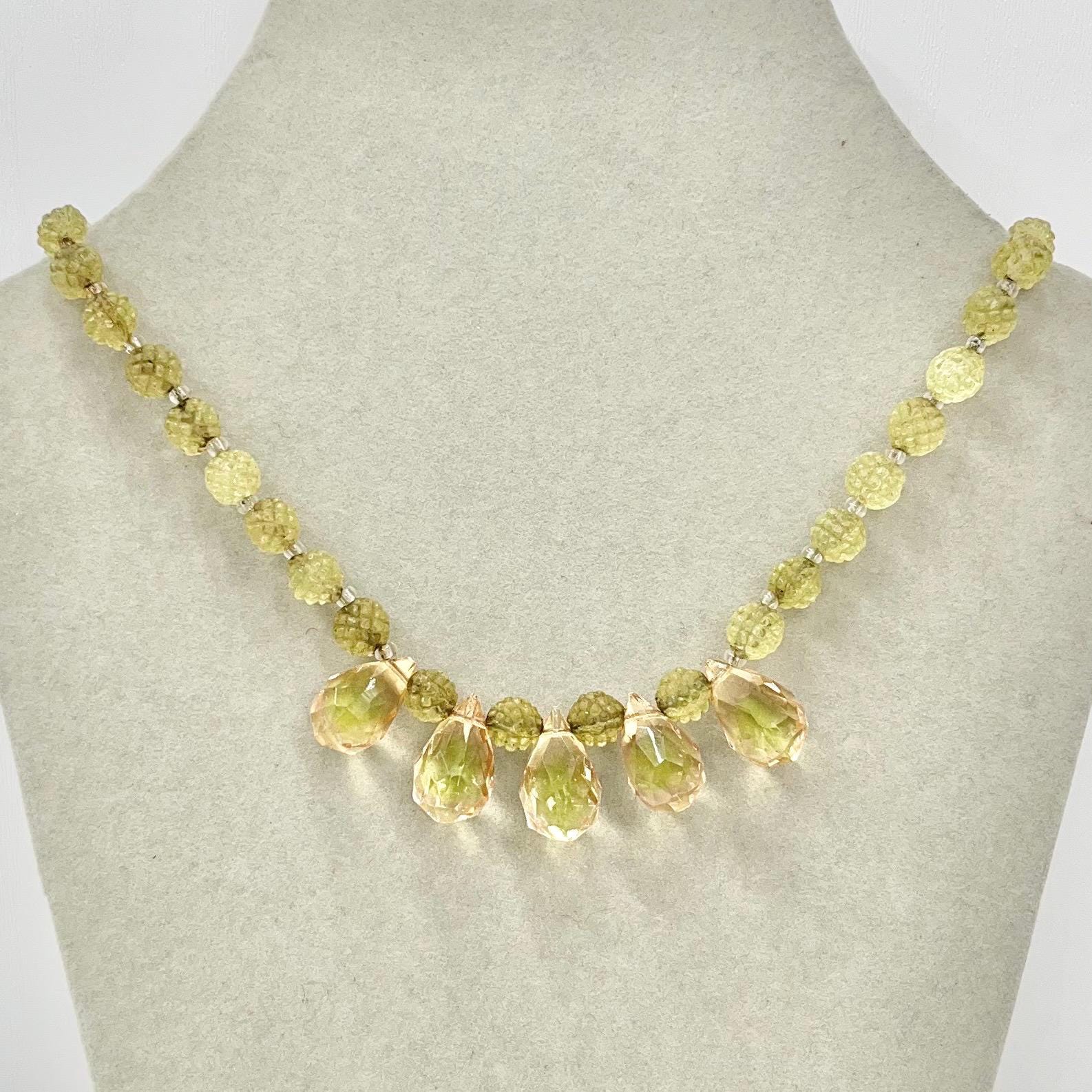 Art Deco Bi Colour Peach Green Uranium Glass Crystal Bead Drop Necklace Bright Green UV Reactive Glow Jewellery 16” Long TheGreenGlassGemShop